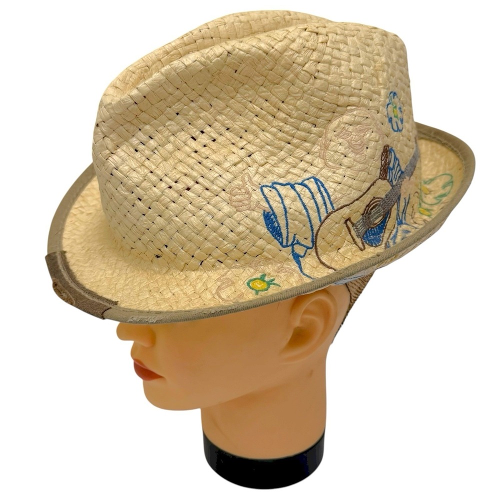 True Religion Sz L/XL 100% Paper Straw Embroidered World Tour Buddha Trilby Hat